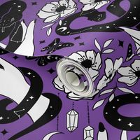 Celestial snakes and hands , occult Halloween fabric purple