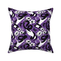 Celestial snakes and hands , occult Halloween fabric purple