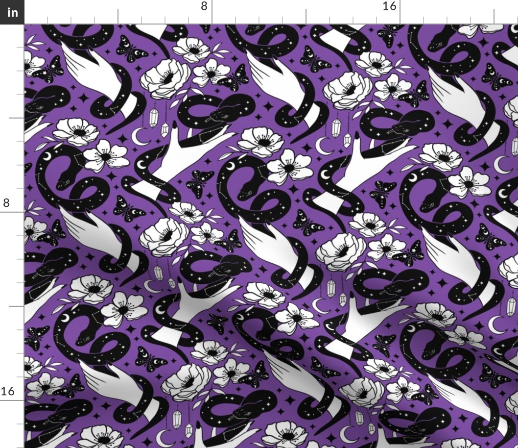 Celestial snakes and hands , occult Halloween fabric purple