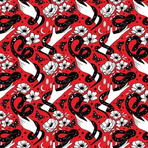 Celestial snakes and hands , occult Halloween fabric red