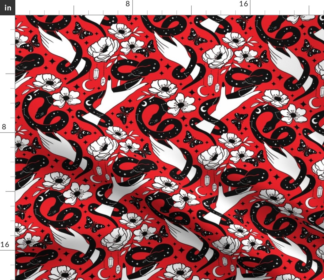 Celestial snakes and hands , occult Halloween fabric red