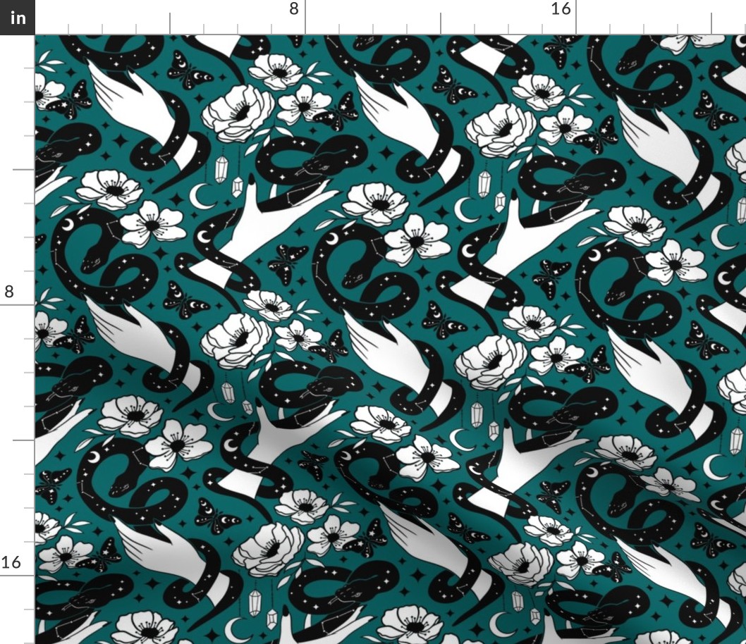 Celestial snakes and hands , occult Halloween fabric teal, dark academia