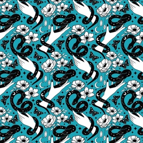 Celestial snakes and hands , occult Halloween fabric turquoise