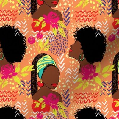 African American Black girls with peonies fabric orange