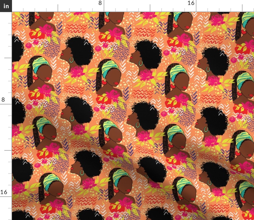 African American Black girls with peonies fabric orange