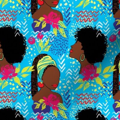 African American Black girls with peonies fabric blue