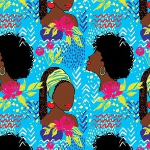 African American Black girls with peonies fabric blue