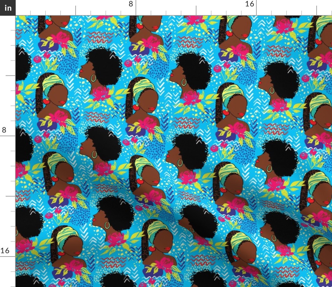 African American Black girls with peonies fabric blue