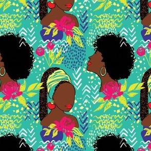 African American Black girls with peonies fabric turquoise