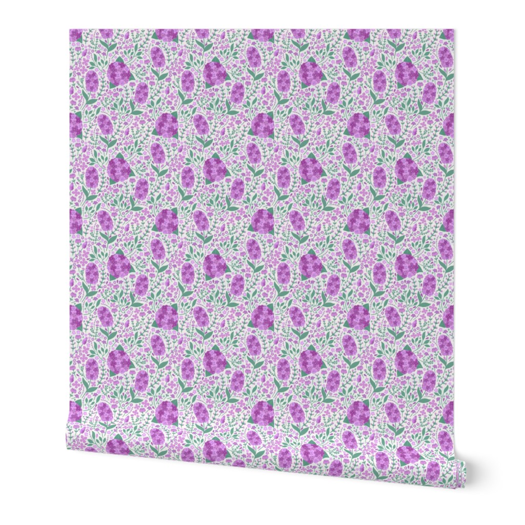 Pink hyacinths and hydrangeas maximalist pattern (small size version)