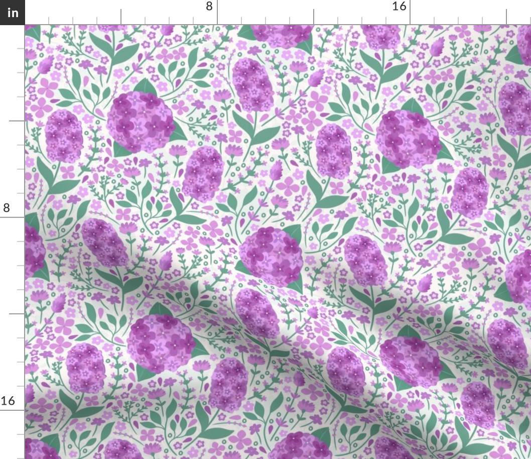 Pink hyacinths and hydrangeas maximalist pattern (small size version)