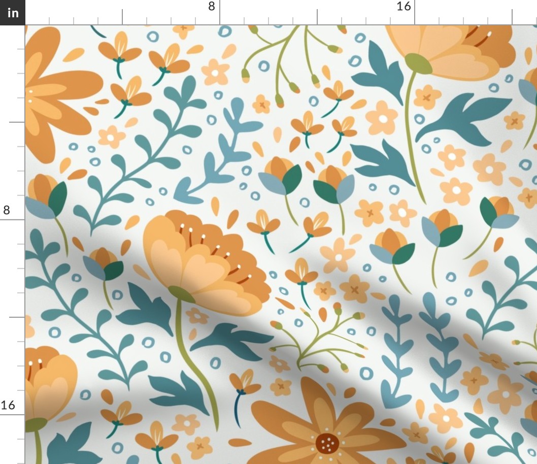 Orange maximalist floral blooming peonies pattern (large size version)