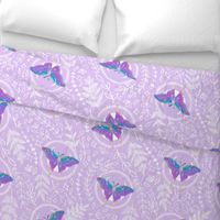 Bright iridescent moth with white moon and lilac background (large size version) 