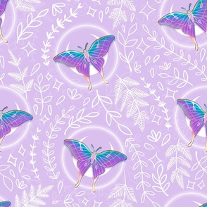 Bright iridescent moth with white moon and lilac background (medium size version) 