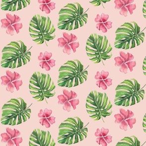 Tropical Monstera and Hibiscus Watercolour Botanical Pattern