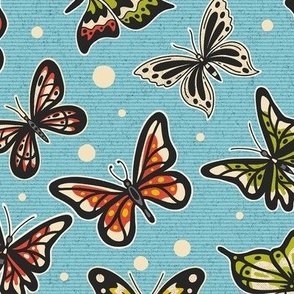 Spring Butterflies on Blue Pattern / Medium Scale