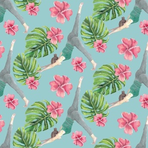 Pilates Pose with Tropical Botanicals Pattern Background
