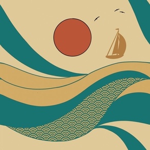 Ocean Waves in blue and yellow with orange sun and sailing boat - Nautical Design