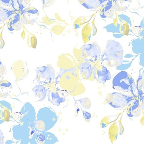 Grandmillennial blue and yellow whimsical big scale flowers from Anines Atelier. Use the design for bedroom walls and interior.