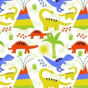 Dinosaur / volcano / primary colors / white background 