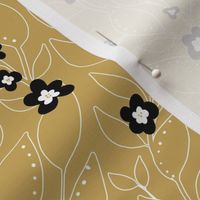 little ditsy floral pattern | elegant golden flowers and leaves yellow and black | field of flowers