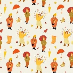 Autumn women, rain, umbrella, colorful fall leaves