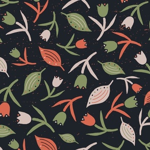 Tulips & Leaves | Dark Background | Sage Coral Beige | Large Scale