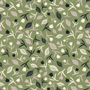 Tulips & Leaves | Sage Green Background | Beige Black Cream | Medium Scale