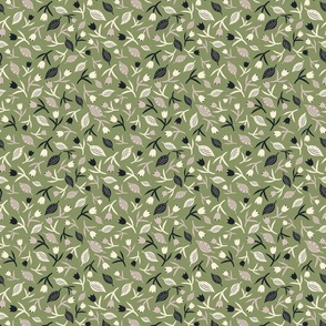 Tulips & Leaves | Sage Green Background | Beige Black Cream | Small Scale