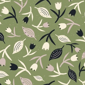 Tulips & Leaves | Sage Green Background | Beige Black Cream | Large Scale