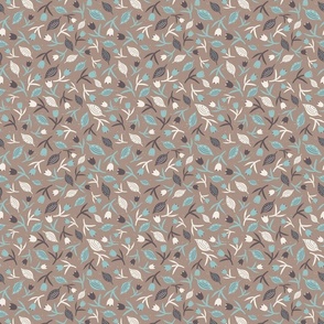 Tulips & Leaves | Beige Background | Aqua Ivory Brown | Small Scale