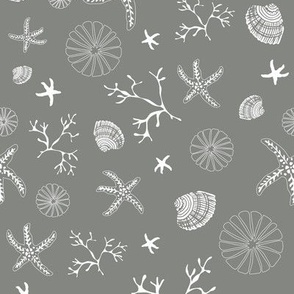 Small - Starfish and Shells underwater - white on grey