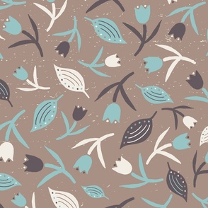 Tulips & Leaves | Beige Background | Aqua Ivory Brown | Large Scale