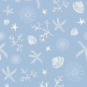 Small: Starfish and Shells underwater - white on sky blue