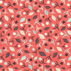 Tulips & Leaves | Medium Scale | Coral Blue Brown Cream