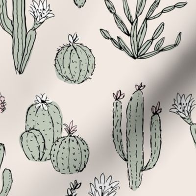 Messy freehand summer cacti garden boho style moroccan botanical cactus design sage green on ivory cream LARGE