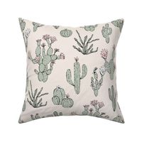 Messy freehand summer cacti garden boho style moroccan botanical cactus design sage green on ivory cream LARGE