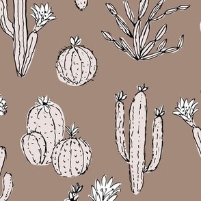 Messy freehand summer cacti garden boho style moroccan botanical cactus design sand on latte brown LARGE