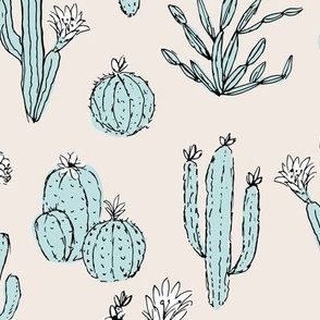 Messy freehand summer cacti garden boho style moroccan botanical cactus design soft blue on ivory cream  LARGE