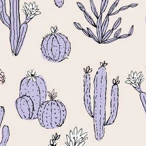 Messy freehand summer cacti garden boho style moroccan botanical cactus design lilac on ivory cream nineties palette LARGE