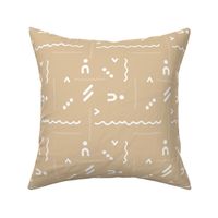 Abstract modern kelim design with stitch curves and fat waves moroccan berber plaid minimalist boho theme white on camel beige 
