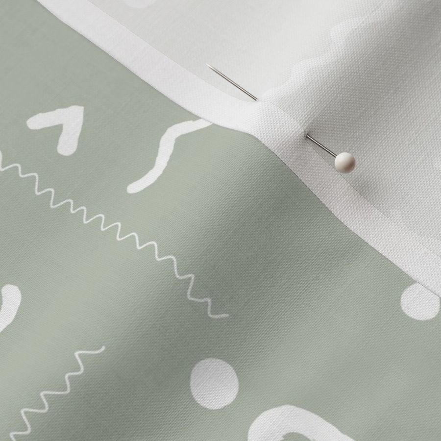 Abstract modern kelim design with stitch curves and fat waves moroccan berber plaid minimalist boho theme white on sage green