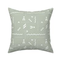Abstract modern kelim design with stitch curves and fat waves moroccan berber plaid minimalist boho theme white on sage green