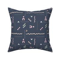 Abstract modern kelim design with stitch curves and fat waves moroccan berber plaid minimalist boho multi color pink sage white on midnight blue