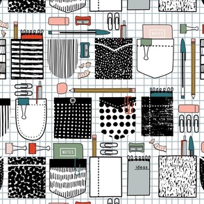 Large // Pockets of Stationary // Black white, pens, pencils, school supplies