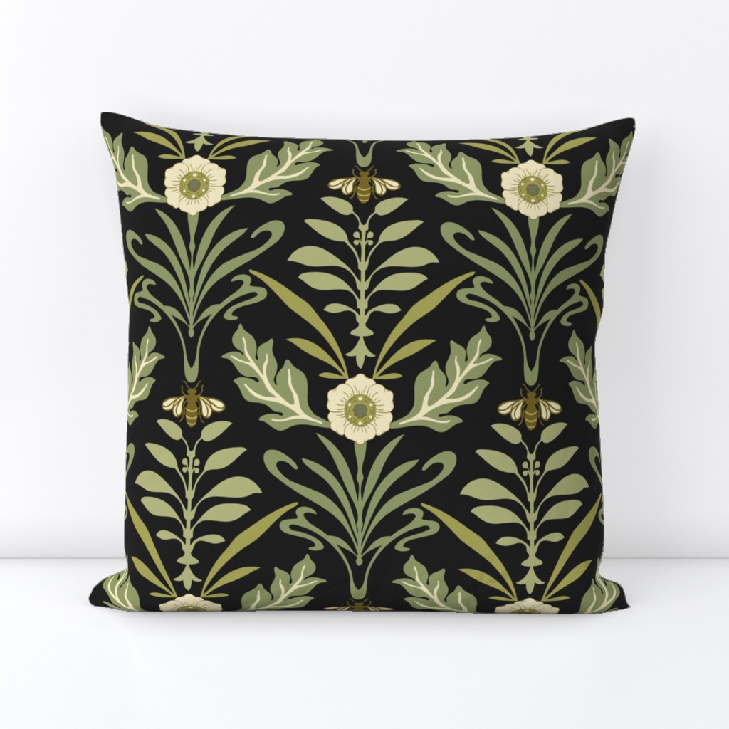 Lg - Art Nouveau - Large - Green , Black - Honey Bee and Flower