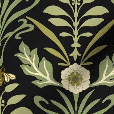 Lg - Art Nouveau - Large - Green , Black - Honey Bee and Flower