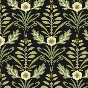 Lg - Art Nouveau - Large - Green , Black - Honey Bee and Flower