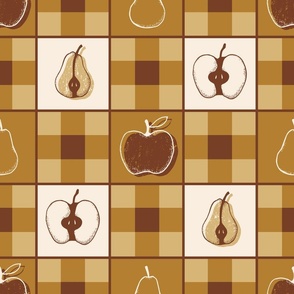 Apples and Pears Vintage Gingham - honey and chocolate - brown plaid, thanksgiving, fall plaid, autumn, beige plaid, cream, fruits
