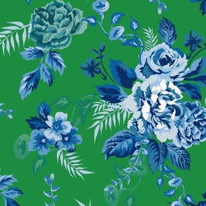 Jumbo Grandmillenial Roses blue on green - Regency large